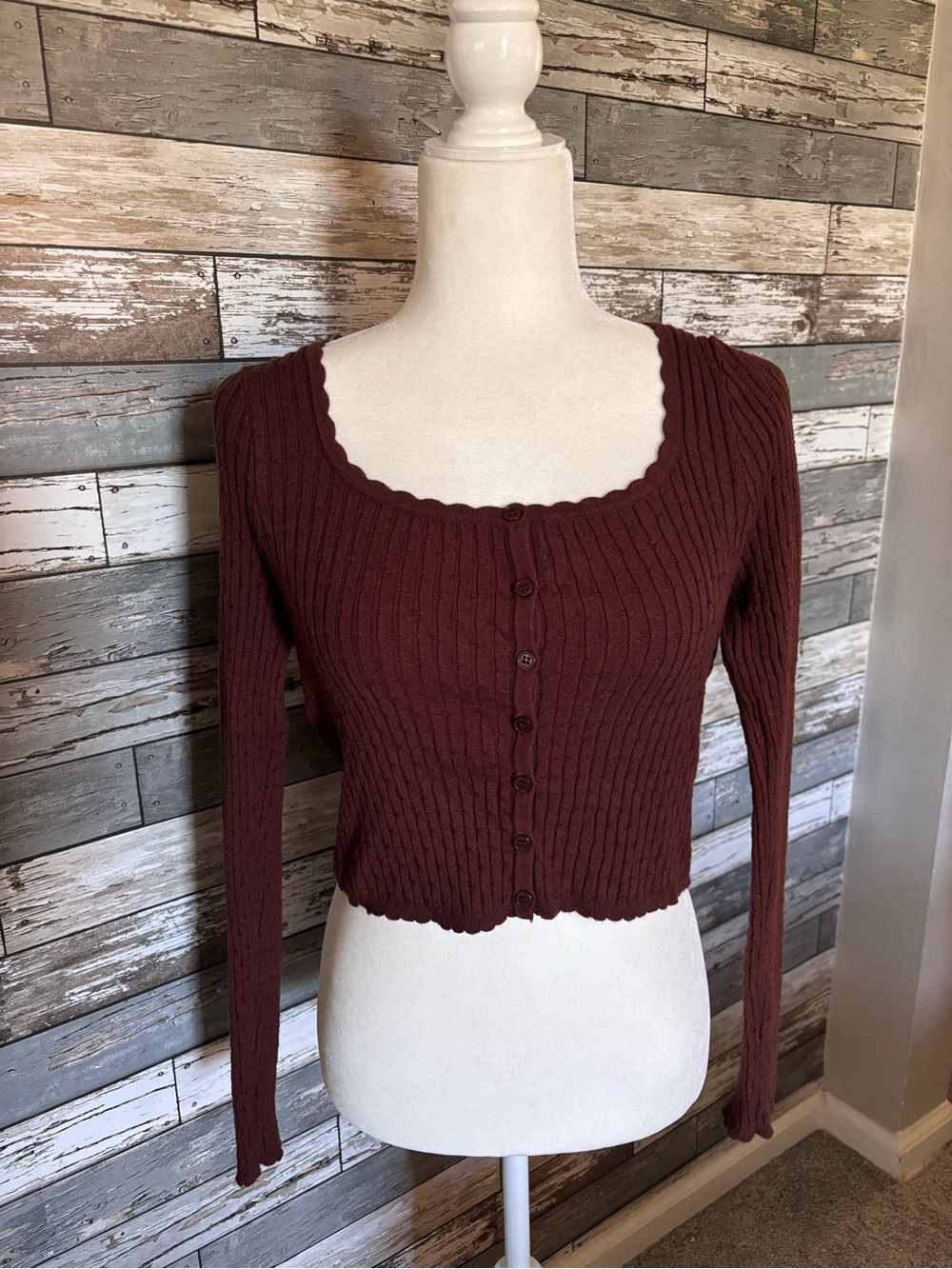 Willow & Wind Y2K Brown Cropped Button Up Ribbed Long Sleeve Shirt Womens Size M